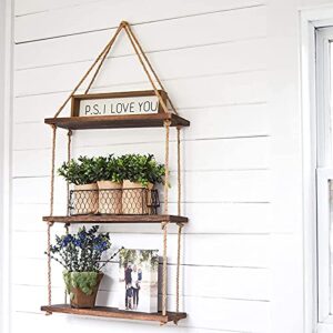 COCIVIVRE Hanging Rope Shelves for Wall 3 Tier Boho Shelf Wooden Hanging Plant Shelves Farmhouse Rustic Rope Floating Shelves for Boho Room Décor Vintage Shelve Wall Mounted (Wood)