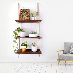 COCIVIVRE Hanging Rope Shelves for Wall 3 Tier Boho Shelf Wooden Hanging Plant Shelves Farmhouse Rustic Rope Floating Shelves for Boho Room Décor Vintage Shelve Wall Mounted (Wood)