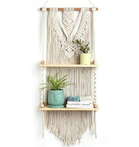 inova tymes macrame wall hanging shelf 2 tier – boho bedroom decor | macrame wall decor | boho shelf decor, hanging shelves for wall, woven rope floating wood shelves & storage for small plants books