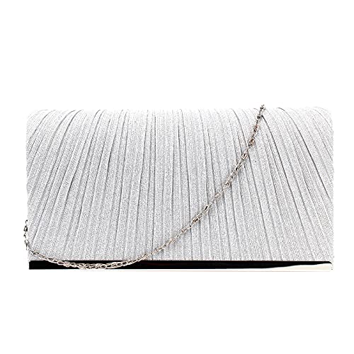 Felice Ann Mini Dazzling Sequins Pleats Evening Bag Party Prom Wedding Clutch Flap Handbag Cross Body Bag, Pleats Silver