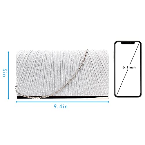 Felice Ann Mini Dazzling Sequins Pleats Evening Bag Party Prom Wedding Clutch Flap Handbag Cross Body Bag, Pleats Silver