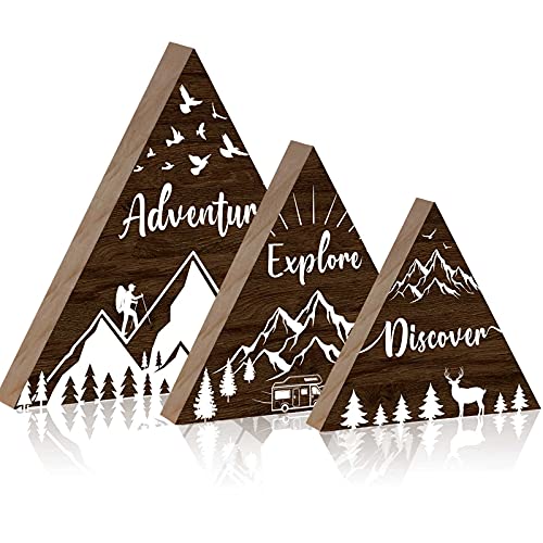 3 Pcs Wooden Mountain Decor Woodland Adventure Decor for Boy Travel Adventure Mountain Table Decor Centerpiece for Home Bedroom Bathroom Shelf Wall Rustic Farmhouse Decoration (Brown)