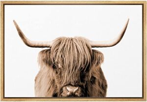 signleader framed canvas print wall art brown full-frame closeup of highland cow animals wilderness photography realism portrait relax/calm duotone for living room, bedroom, office – 24″x36″ natural