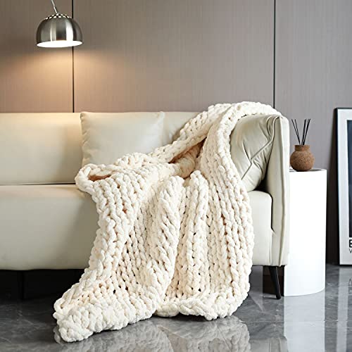 Victusphia Chunky Knit Blanket Throw Chenille Knitted Yarn Throw Blanket for Couch & Bed Fall Decor Large Soft Comfy Cable Blankets & Throws Beige Cream 50"x60"