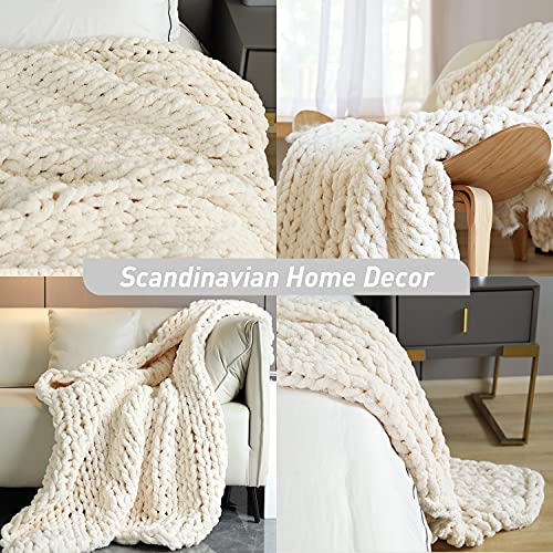Victusphia Chunky Knit Blanket Throw Chenille Knitted Yarn Throw Blanket for Couch & Bed Fall Decor Large Soft Comfy Cable Blankets & Throws Beige Cream 50"x60"