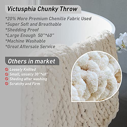 Victusphia Chunky Knit Blanket Throw Chenille Knitted Yarn Throw Blanket for Couch & Bed Fall Decor Large Soft Comfy Cable Blankets & Throws Beige Cream 50"x60"