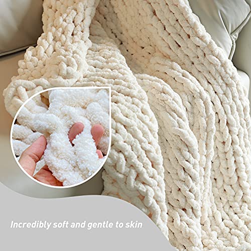 Victusphia Chunky Knit Blanket Throw Chenille Knitted Yarn Throw Blanket for Couch & Bed Fall Decor Large Soft Comfy Cable Blankets & Throws Beige Cream 50"x60"