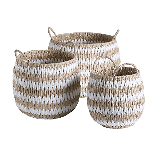 Motifeur Water Hyacinth and Paper Handwoven Basket (Assorted Set of 3, Beige and White)