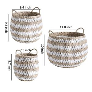 Motifeur Water Hyacinth and Paper Handwoven Basket (Assorted Set of 3, Beige and White)