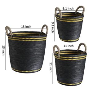 Motifeur Paper Rope Handwoven Storage Basket with Handles (Assorted Set of 3, Black and Gold)