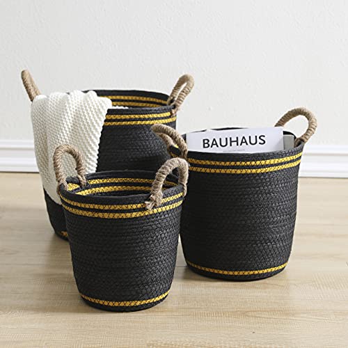 Motifeur Paper Rope Handwoven Storage Basket with Handles (Assorted Set of 3, Black and Gold)