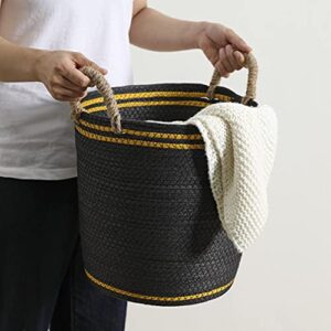 Motifeur Paper Rope Handwoven Storage Basket with Handles (Assorted Set of 3, Black and Gold)