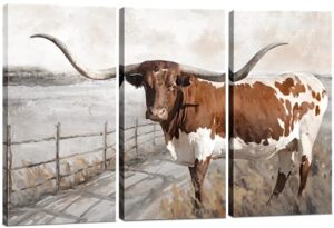 longhorn wall decor – western decor wall art – farmhouse artwork – cow canvas wall art – 3 piece set 24×36 – texas theme picture for home or office