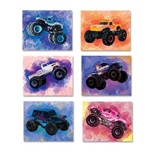 XUOIAYNB Boys Monster Truck Art Print- Watercolor Cool Vehicle Car Canvas Wall Art-(8”X10”X6 pieces, Unframed)-Perfect for Kids Bedroom Playroom Decoration