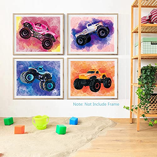 XUOIAYNB Boys Monster Truck Art Print- Watercolor Cool Vehicle Car Canvas Wall Art-(8”X10”X6 pieces, Unframed)-Perfect for Kids Bedroom Playroom Decoration