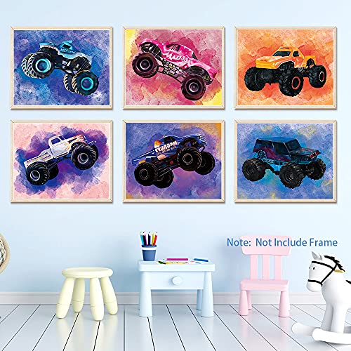 XUOIAYNB Boys Monster Truck Art Print- Watercolor Cool Vehicle Car Canvas Wall Art-(8”X10”X6 pieces, Unframed)-Perfect for Kids Bedroom Playroom Decoration