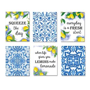 XUOIAYNB Blue Flower Pattern Lemon Art Print-- Mexican Tile Lemon Fruit with Inspirational Quote Canvas Wall Art--(8”X10”X6 pcs, Unframed)--Perfect for Kitchen Bedroom Decoration