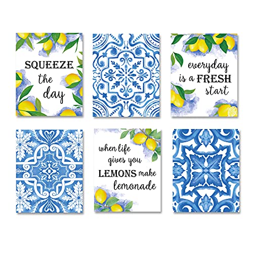 XUOIAYNB Blue Flower Pattern Lemon Art Print-- Mexican Tile Lemon Fruit with Inspirational Quote Canvas Wall Art--(8”X10”X6 pcs, Unframed)--Perfect for Kitchen Bedroom Decoration