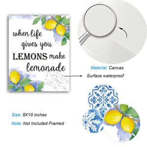 XUOIAYNB Blue Flower Pattern Lemon Art Print-- Mexican Tile Lemon Fruit with Inspirational Quote Canvas Wall Art--(8”X10”X6 pcs, Unframed)--Perfect for Kitchen Bedroom Decoration