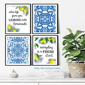 XUOIAYNB Blue Flower Pattern Lemon Art Print-- Mexican Tile Lemon Fruit with Inspirational Quote Canvas Wall Art--(8”X10”X6 pcs, Unframed)--Perfect for Kitchen Bedroom Decoration