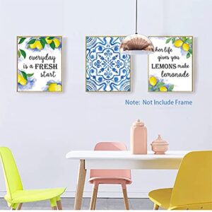 XUOIAYNB Blue Flower Pattern Lemon Art Print-- Mexican Tile Lemon Fruit with Inspirational Quote Canvas Wall Art--(8”X10”X6 pcs, Unframed)--Perfect for Kitchen Bedroom Decoration