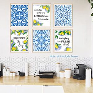 XUOIAYNB Blue Flower Pattern Lemon Art Print-- Mexican Tile Lemon Fruit with Inspirational Quote Canvas Wall Art--(8”X10”X6 pcs, Unframed)--Perfect for Kitchen Bedroom Decoration