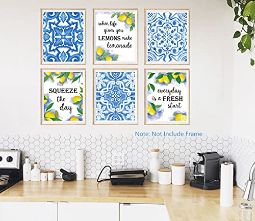 XUOIAYNB Blue Flower Pattern Lemon Art Print-- Mexican Tile Lemon Fruit with Inspirational Quote Canvas Wall Art--(8”X10”X6 pcs, Unframed)--Perfect for Kitchen Bedroom Decoration