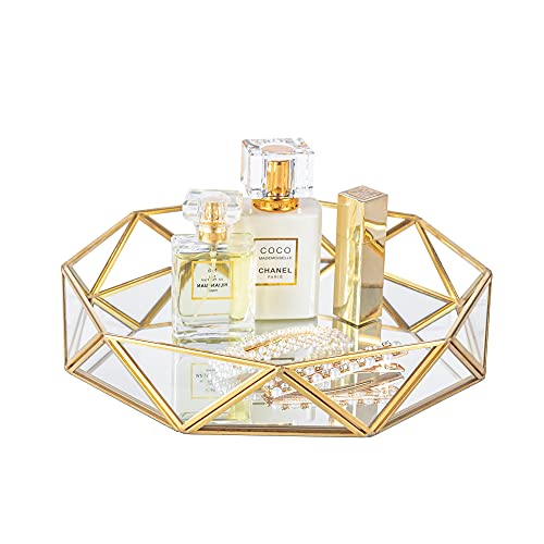 Feyarl Gold Clear Glass Mirror Make up Vanity Tray Jewelry Organizer Tray Ornate Cosmetic Tray Geometric Shape Perfume Display Decorative Tray for Home Decor Dresser Tabletop Countertop (9.5Inch)