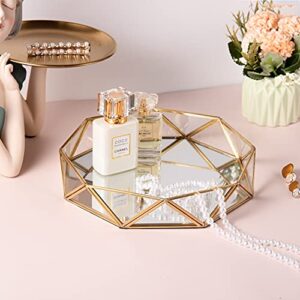 Feyarl Gold Clear Glass Mirror Make up Vanity Tray Jewelry Organizer Tray Ornate Cosmetic Tray Geometric Shape Perfume Display Decorative Tray for Home Decor Dresser Tabletop Countertop (9.5Inch)