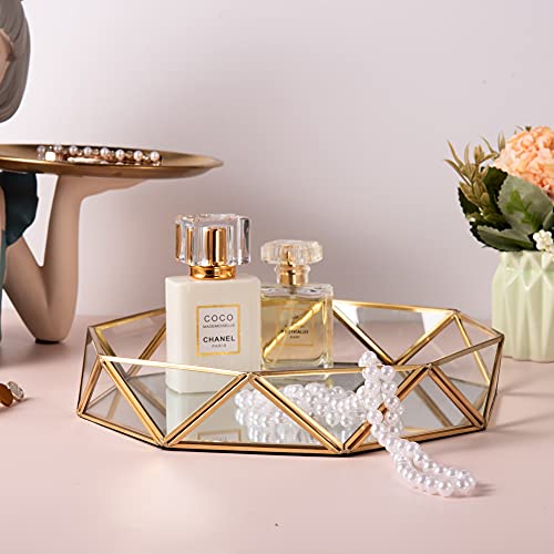 Feyarl Gold Clear Glass Mirror Make up Vanity Tray Jewelry Organizer Tray Ornate Cosmetic Tray Geometric Shape Perfume Display Decorative Tray for Home Decor Dresser Tabletop Countertop (9.5Inch)