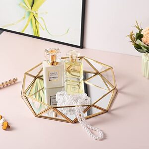 Feyarl Gold Clear Glass Mirror Make up Vanity Tray Jewelry Organizer Tray Ornate Cosmetic Tray Geometric Shape Perfume Display Decorative Tray for Home Decor Dresser Tabletop Countertop (9.5Inch)