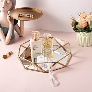 Feyarl Gold Clear Glass Mirror Make up Vanity Tray Jewelry Organizer Tray Ornate Cosmetic Tray Geometric Shape Perfume Display Decorative Tray for Home Decor Dresser Tabletop Countertop (9.5Inch)