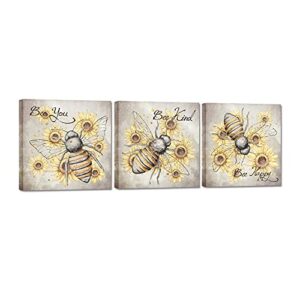ihappywall 3 pieces honey bee canvas wall art insect bee yellow sunflower bee kind happy bee you motivational quotes artwork for kitchen bedroom modern home decor framed ready to hang 12x12inchx3pcs
