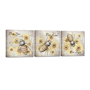 iHAPPYWALL 3 Pieces Honey Bee Canvas Wall Art Insect Bee Yellow Sunflower Bee Kind Happy Bee You Motivational Quotes Artwork for Kitchen Bedroom Modern Home Decor Framed Ready to Hang 12x12inchx3pcs