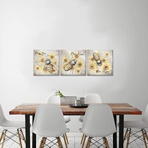 iHAPPYWALL 3 Pieces Honey Bee Canvas Wall Art Insect Bee Yellow Sunflower Bee Kind Happy Bee You Motivational Quotes Artwork for Kitchen Bedroom Modern Home Decor Framed Ready to Hang 12x12inchx3pcs