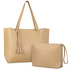tote bag for women leather purses and handbags tassel shoulder bag purse set 2pcs apricot