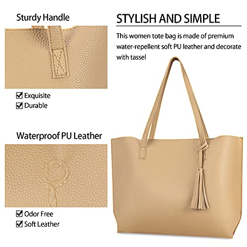 Tote Bag for Women Leather Purses and Handbags Tassel Shoulder Bag Purse Set 2pcs Apricot