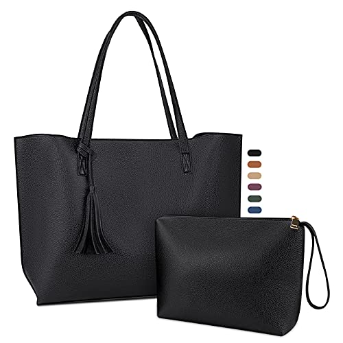 Tote Bag for Women Leather Purses and Handbags Tassel Shoulder Bag Purse Set 2pcs (Black)