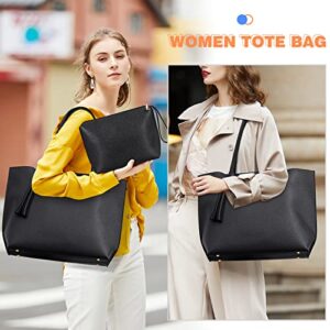 Tote Bag for Women Leather Purses and Handbags Tassel Shoulder Bag Purse Set 2pcs (Black)