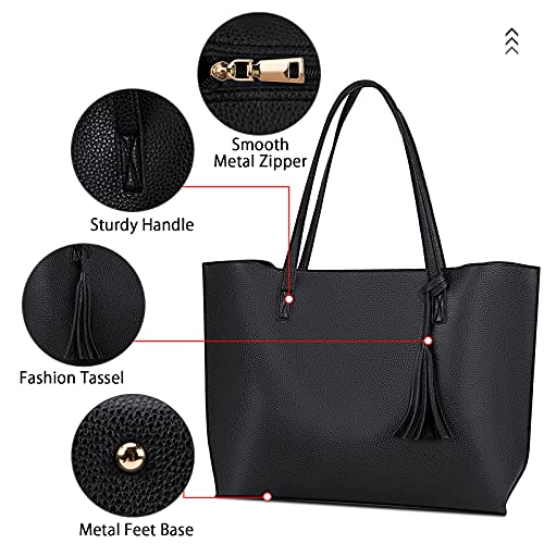 Tote Bag for Women Leather Purses and Handbags Tassel Shoulder Bag Purse Set 2pcs (Black)