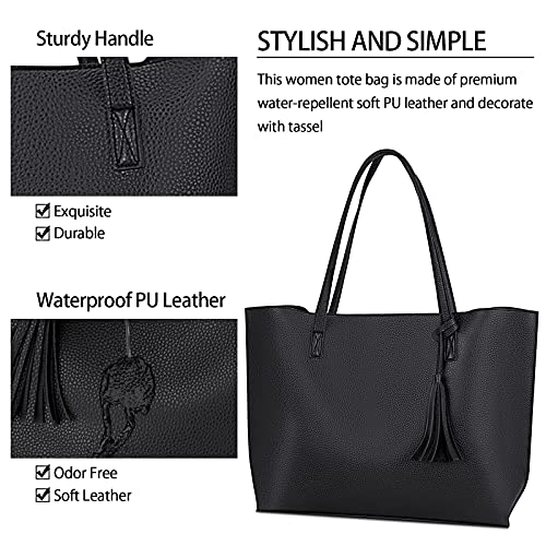 Tote Bag for Women Leather Purses and Handbags Tassel Shoulder Bag Purse Set 2pcs (Black)