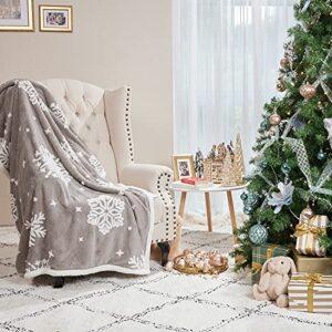 WBHome Christmas Sherpa Throw Blanket | | Soft, Warm, Cozy, Fuzzy Flannel Fleece Holiday Blanket for Bed Couch Sofa, 50x60 inch, (Grey & White Snowflake)