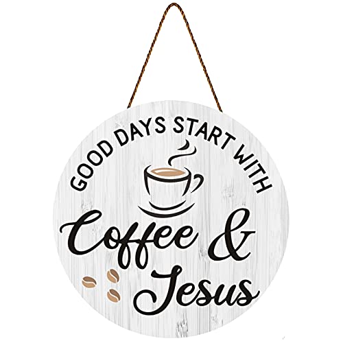 Coffee Bar Sign Coffee Decor Coffee Wooden Sign Hanging Coffee Decor Coffee Sign Plaque for Farmhouse coffee bar Kitchen Accessories Coffee Lover (White Good Days Start with Coffee & Jesus)