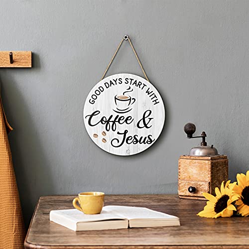 Coffee Bar Sign Coffee Decor Coffee Wooden Sign Hanging Coffee Decor Coffee Sign Plaque for Farmhouse coffee bar Kitchen Accessories Coffee Lover (White Good Days Start with Coffee & Jesus)