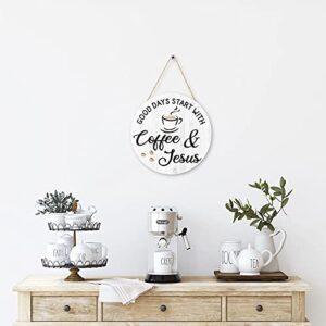 Coffee Bar Sign Coffee Decor Coffee Wooden Sign Hanging Coffee Decor Coffee Sign Plaque for Farmhouse coffee bar Kitchen Accessories Coffee Lover (White Good Days Start with Coffee & Jesus)