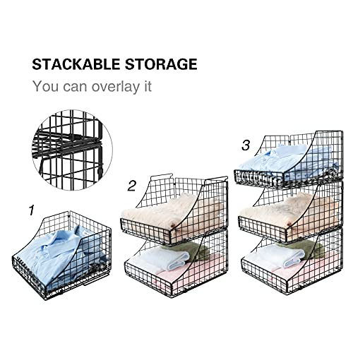 Storage Bins Closet Organizers and Storage 3 Pack, Rustic Stackable Metal Wire Basket for Clothes Toys Snacks, Open Pantry Baskets for Countertop Cabinet Living Room Black, 11.5x11.5x21inch