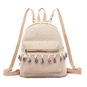 lightweight straw crochet backpack hollow out drawstring shoulders bag for women (b-light khaki, one size)