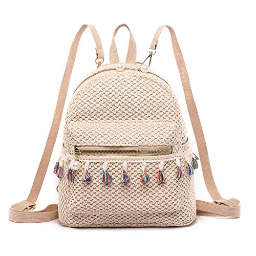 Lightweight Straw Crochet Backpack Hollow Out Drawstring Shoulders Bag for Women (B-Light Khaki, one size)