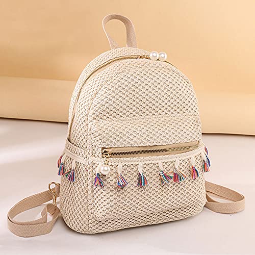 Lightweight Straw Crochet Backpack Hollow Out Drawstring Shoulders Bag for Women (B-Light Khaki, one size)