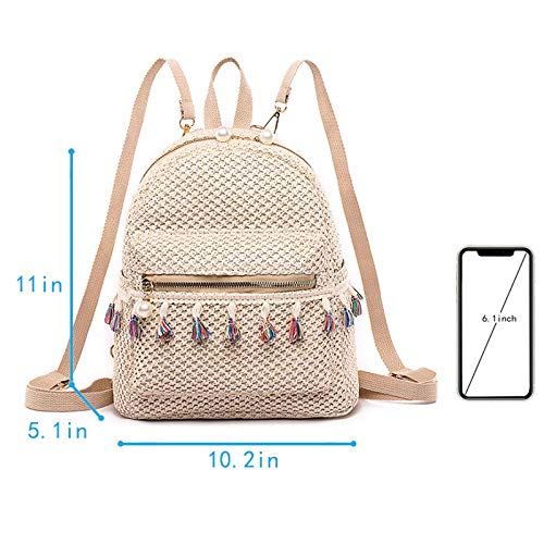 Lightweight Straw Crochet Backpack Hollow Out Drawstring Shoulders Bag for Women (B-Light Khaki, one size)